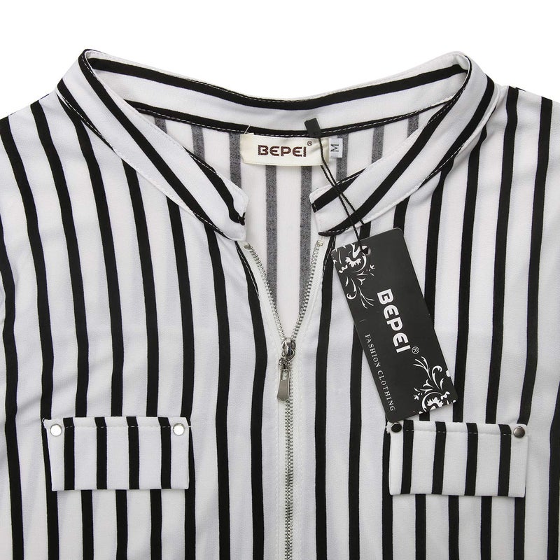 BEPEI Women Tops,3/4 Sleeve Work Dressy Casual Blouses Relaxed Fit Tunic 80s Popular Stripes Shirt Comfy Appreal Knits Interview Meeting Street Hipster Hippie Blouse Club Wear Sweater Black White XL - Image 5